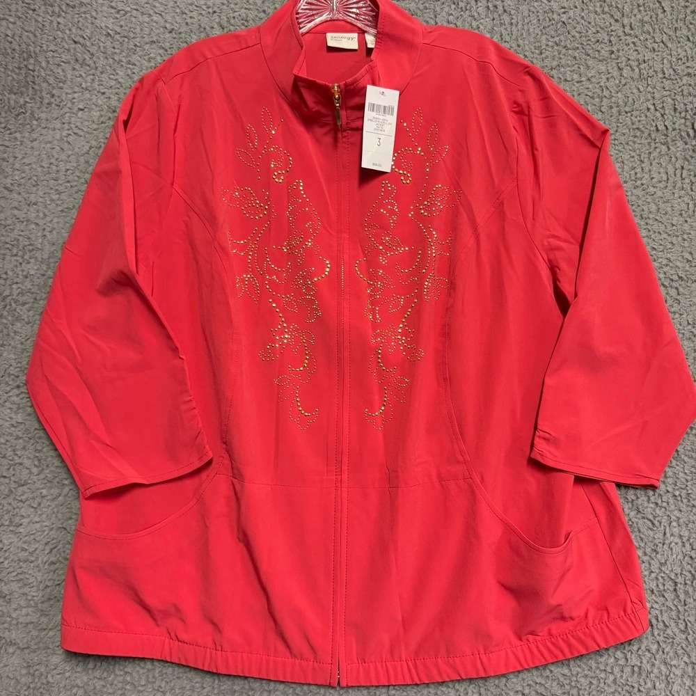 NEW Zenergy by Chico's Women's Size 3 L/XL Mai Tai Embellished Zip Jacket Salmon